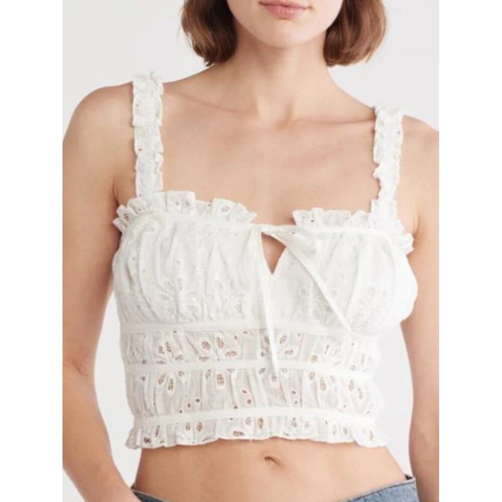 Lush White Cotton Eyelet Frill Smocked Tank Top NWOT Large Coquette Summer